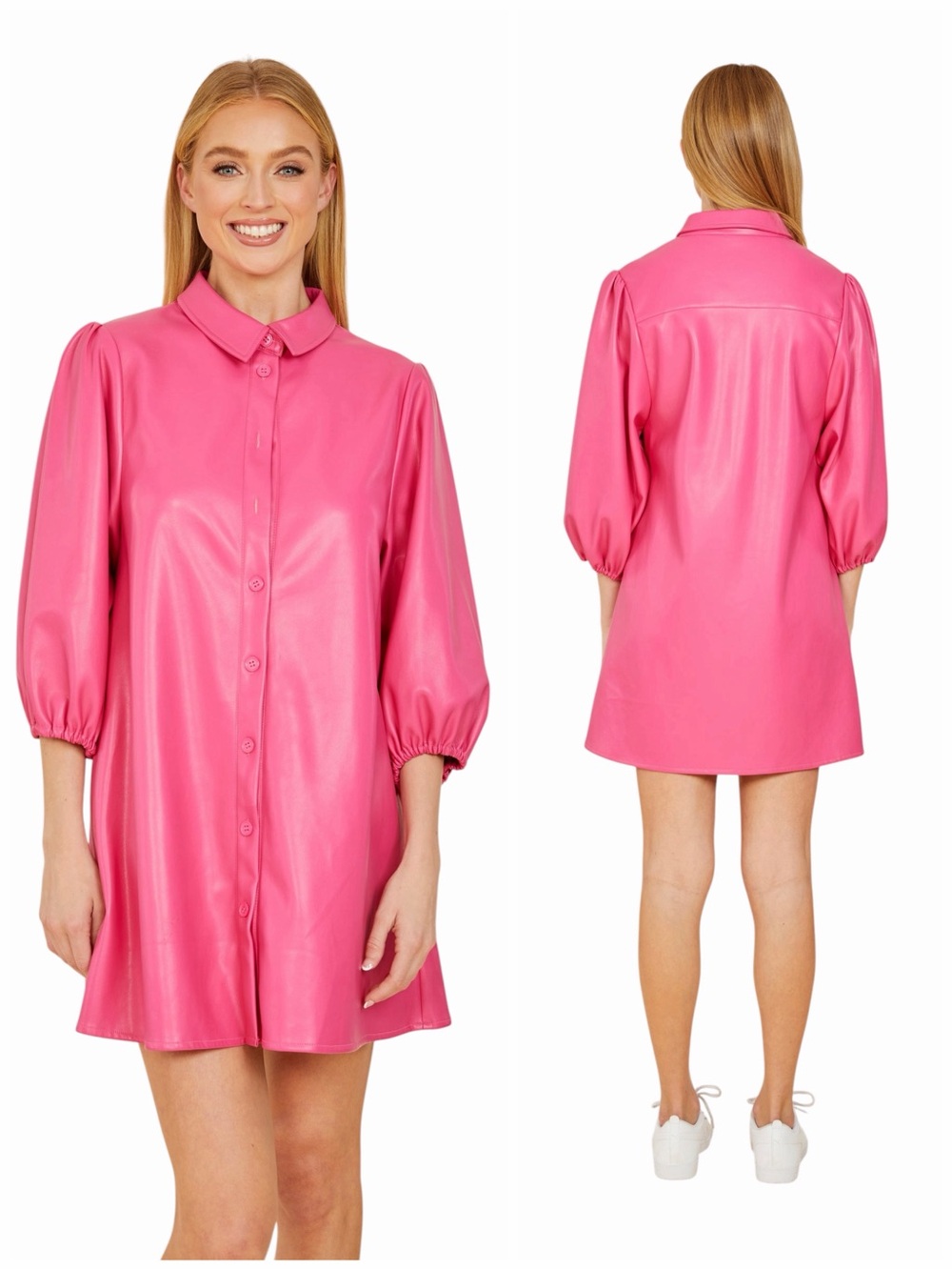Dolce Cabo Pink Faux Leather Shirt Dress Puff Sleeve Mini XL - Picture 2 of 13